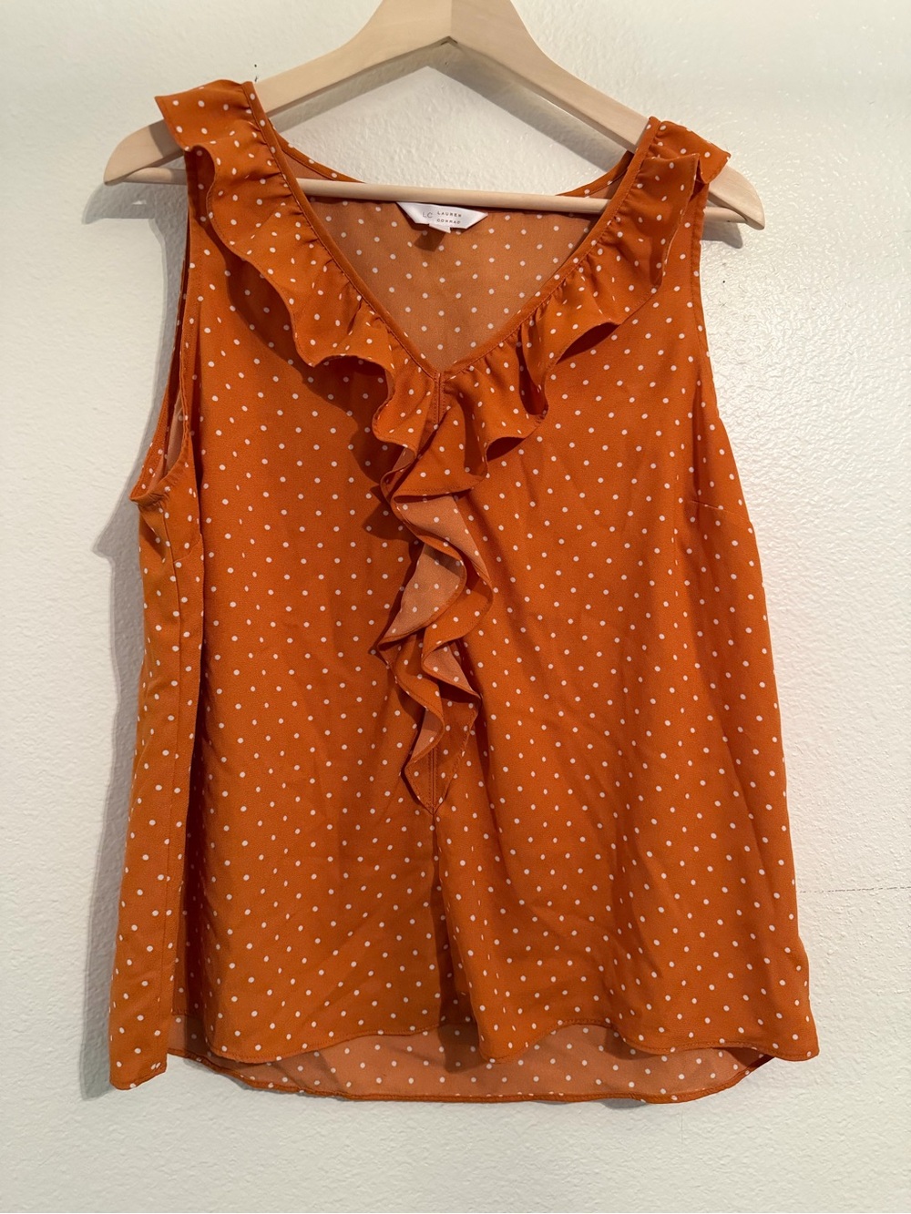LC Lauren Conrad Rust Orange Polka Dot Ruffle V-Neck Camisole